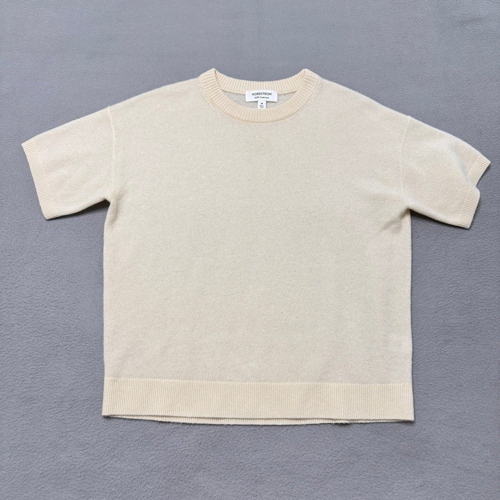 Nordstrom Cashmere Sweater Womens M Cream Short Sleeve Crew Neck Knit Pullover